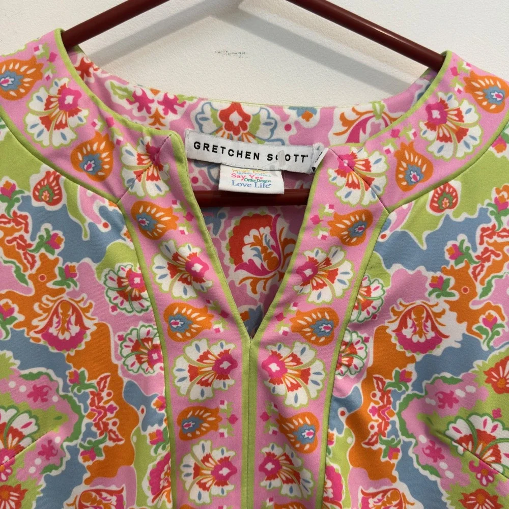 Gretchen Scott Size S Pink Green Paisley Damask Jersey Knit Tunic‎ Top Stretch